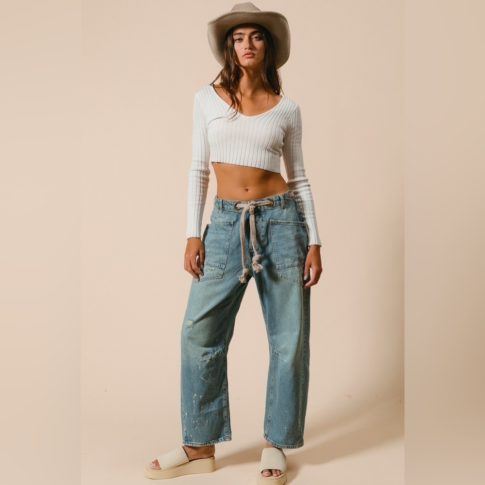NWT BRAIDED WAIST BELT DRIP PAINTING DETAIL WASHED DENIM PANTS BARREL JEANS - Picture 11 of 14